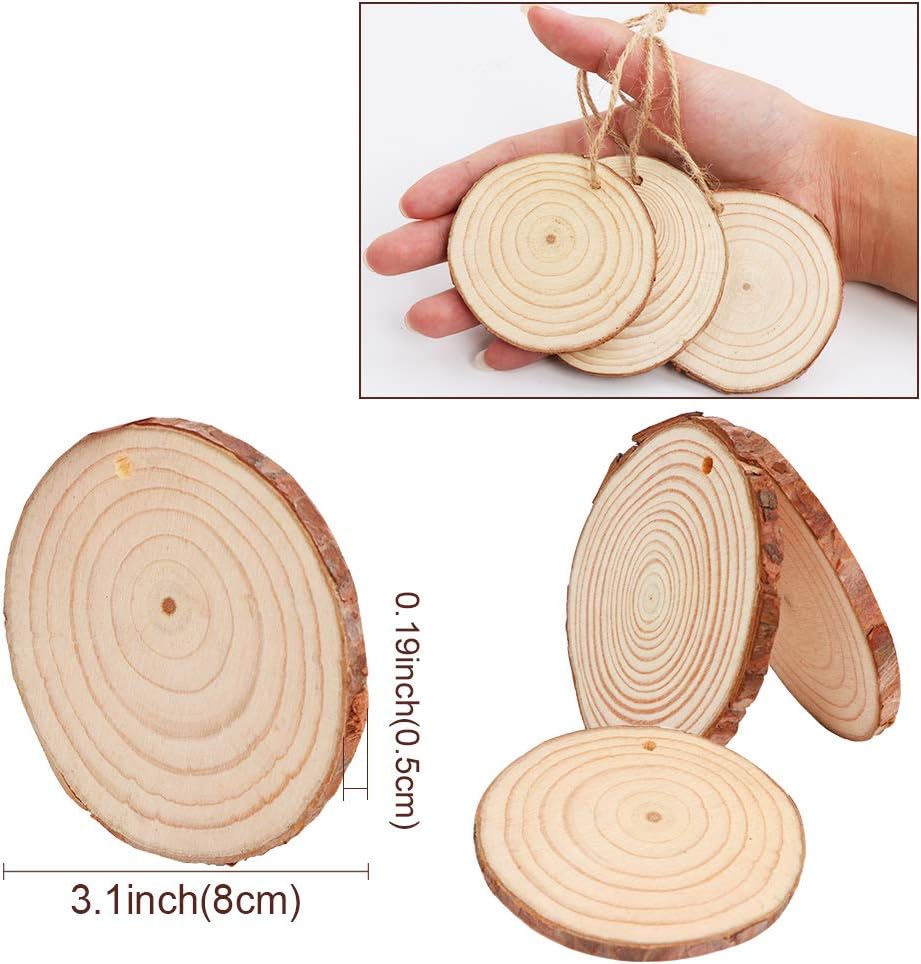 AerWo Natural Wood Slices Christmas Ornaments, 50 Pcs 2.7-3.1 Inches Small Wood Slices with Holes