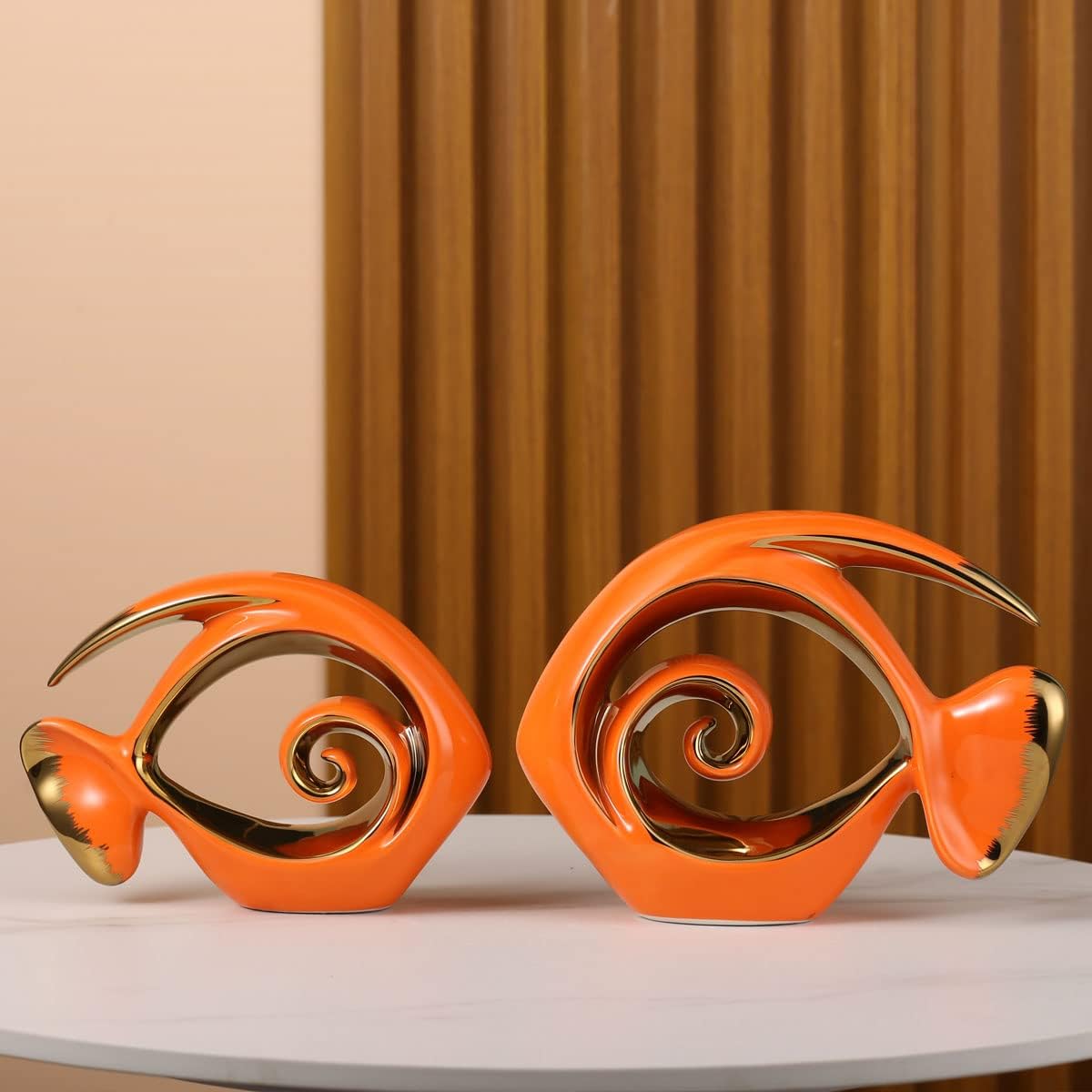 Orange Gold Ceramic Fish Figurines - Coastal Home Decor, Modern Ocean Centerpieces for Living Room