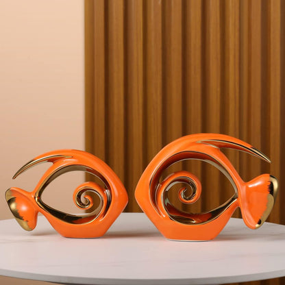 Orange Gold Ceramic Fish Figurines - Coastal Home Decor, Modern Ocean Centerpieces for Living Room