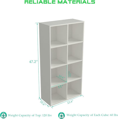 8-Cube Storage Shelf Bookcase - Wooden 4-Tier Floor Standing Open Bookshelf, Modern TV Stand up to