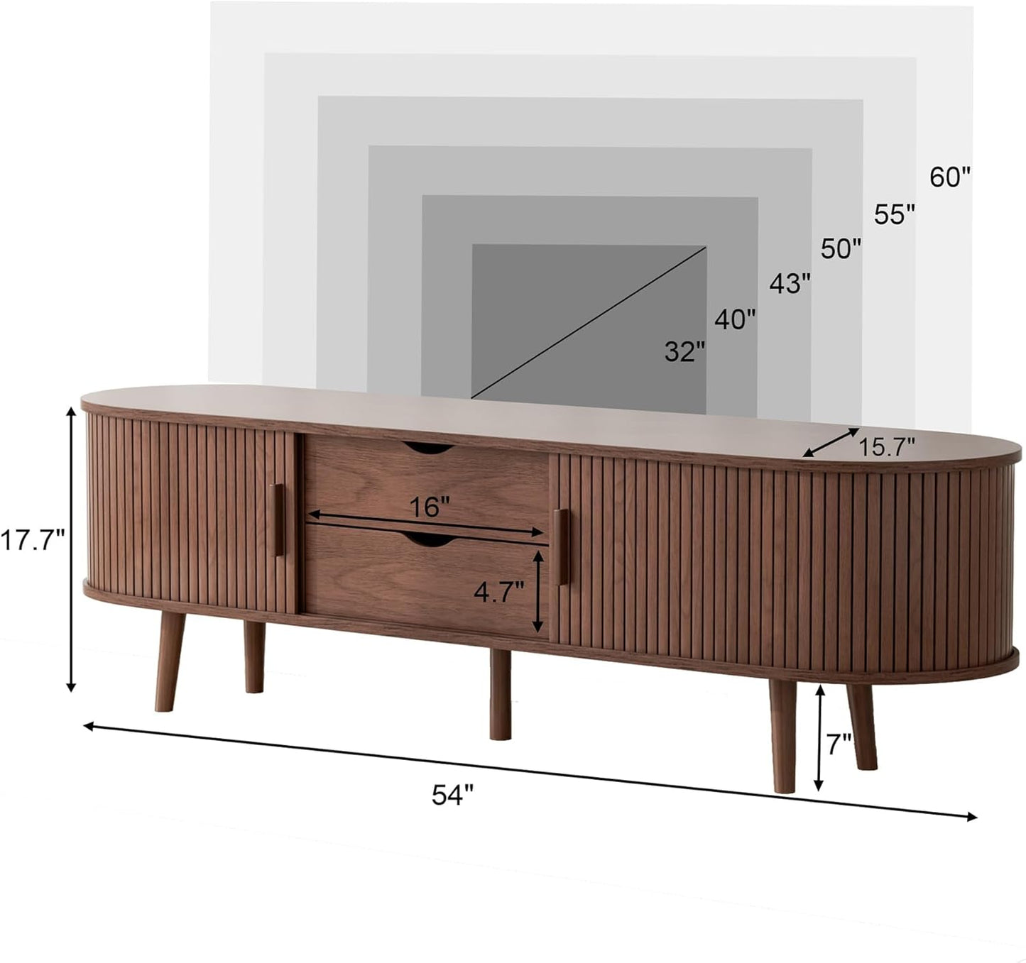 55" Mid Century TV Stand, Fluted TV Stand Fits 32" to 60" TVs. Wood Entertainment Center for Living