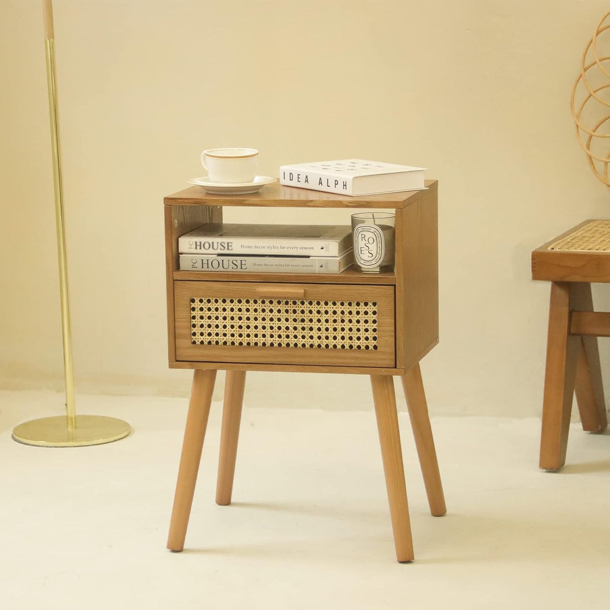 MaxSmeo Mid Century Modern Nightstand with Drawer, Small Nightstand Bedside Table, Rattan