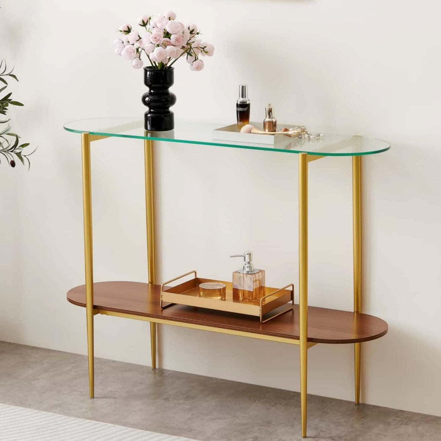 Oval Glass Console Table for Living Room, Foyer & Entrance, 2-Tiers Mid-Century Modern Sofa Table