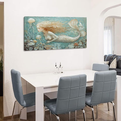 LASMOND Ocean Mermaid Wall Art for Girls Room Modern Canvas Prints Marine Organism Underwater World