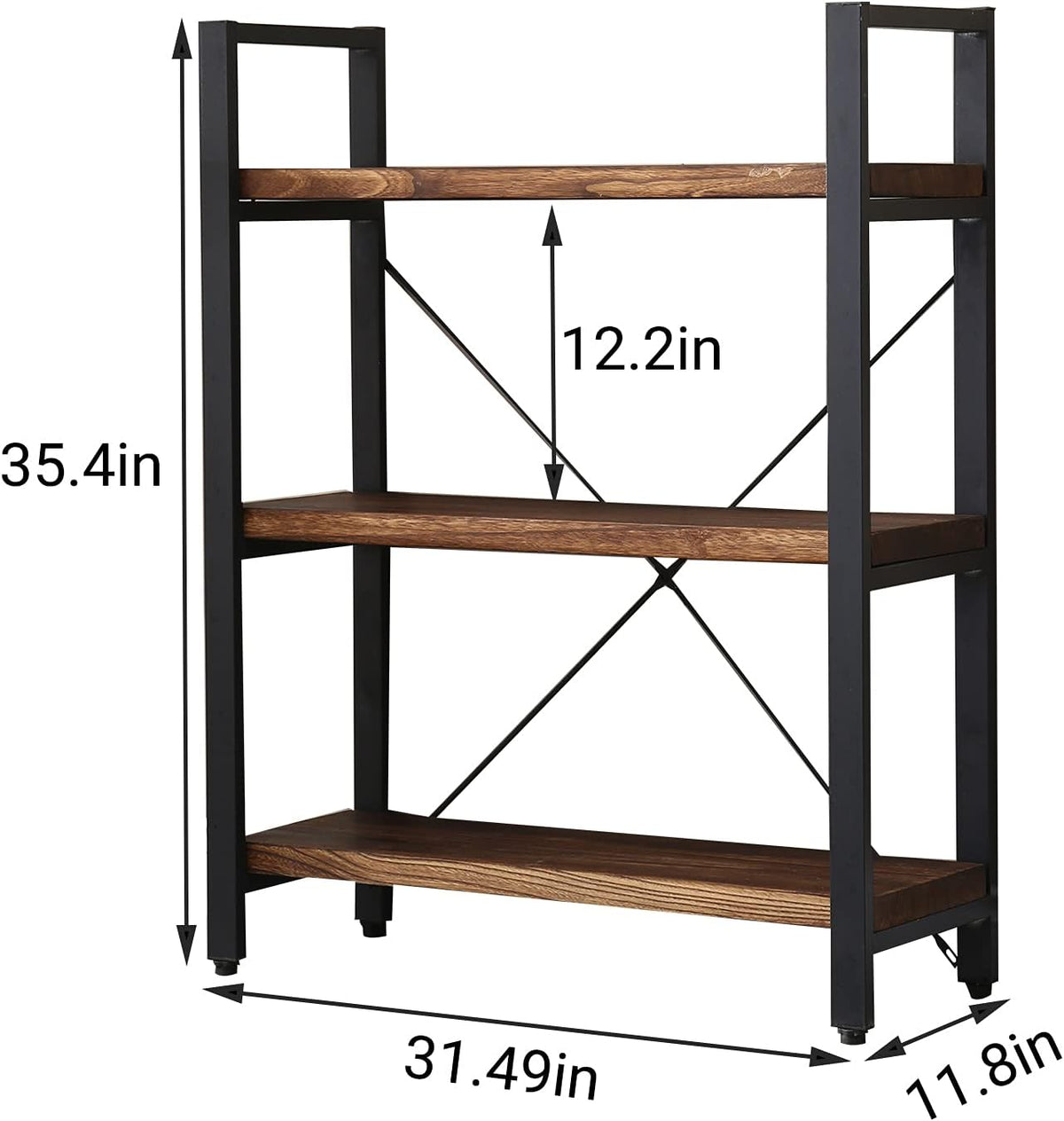 Natural Real Solid Wood Bookcase,3 Tier Metal and Wood Open Book Shelf Storage Farmhouse Wide