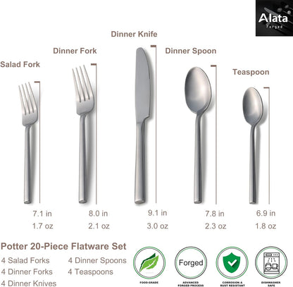 Alata Potter 20-Piece Forged Silverware Set, Service for 4 ??Premium Stainless Steel Flatware Set