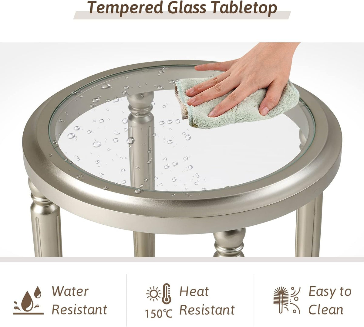 COSIEST Round Side Table, End Table Glass with Wood Frame, Champagne Gold Bedside Table with Modern