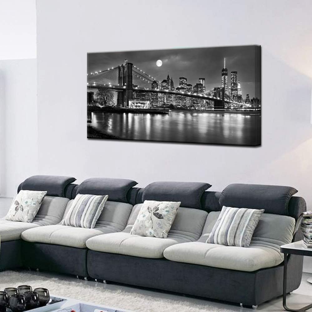 LevvArts - Black and White New York Picture Brooklyn Bridge Canvas Wall Art Full Moon Night