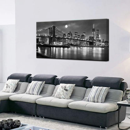 LevvArts - Black and White New York Picture Brooklyn Bridge Canvas Wall Art Full Moon Night