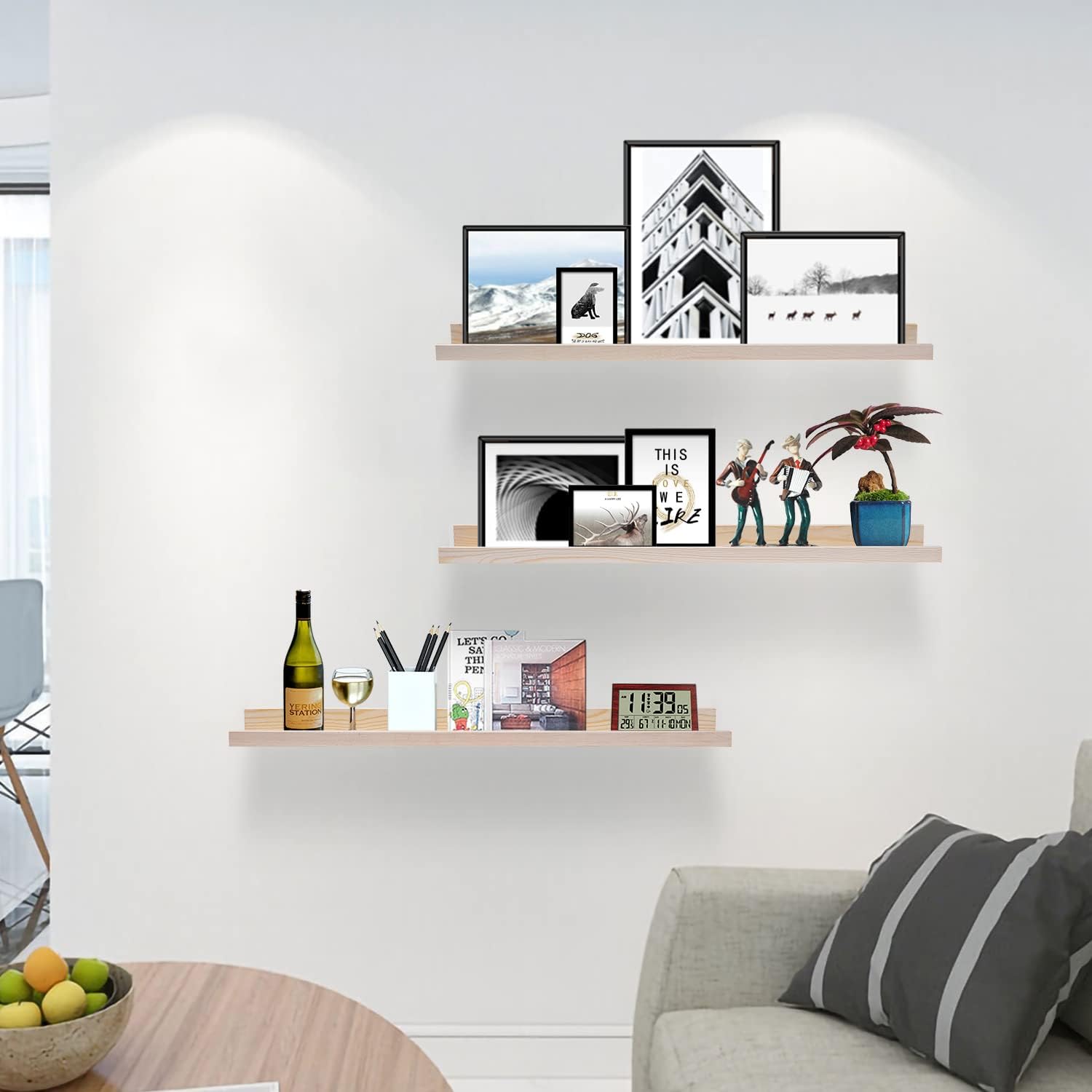 AZSKY Floating Picture Shelves 24 Inch a Set of 3 Wall Mount Long Narrow Photo Ledge Photo Frame