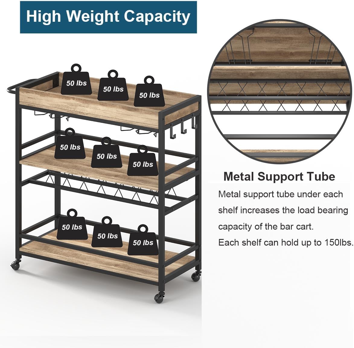 BON AUGURE Bar Cart for The Home, Bar Serving Carts on Wheels, 3 Tier Storage Drink Trolley