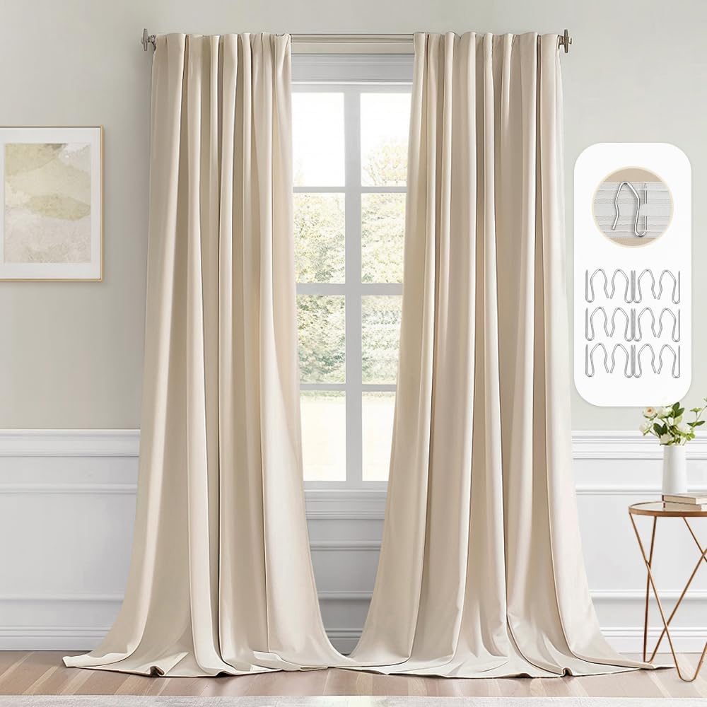 MIULEE Back Tab Cream Beige Curtains 120 Inch Long 2 Panels Set for Living Room Bedroom, Ivory Rod