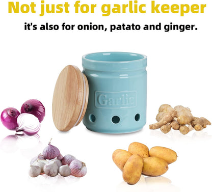 Large Garlic Keeper with Wooden Lid, Ceramic Garlic Holder Storage, Garlic Container for Kitchen