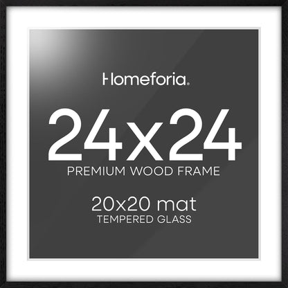 Homeforia 24x24 Black Wood Frame, High End Oak 24 x 24 Square Picture Frames with Mat 20 by 20