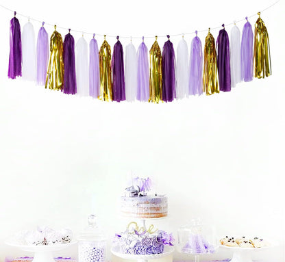 Purple-Gold Party Decoration Tassel Garland - 20pcs Lavender White Gold Birthday Party Supplies