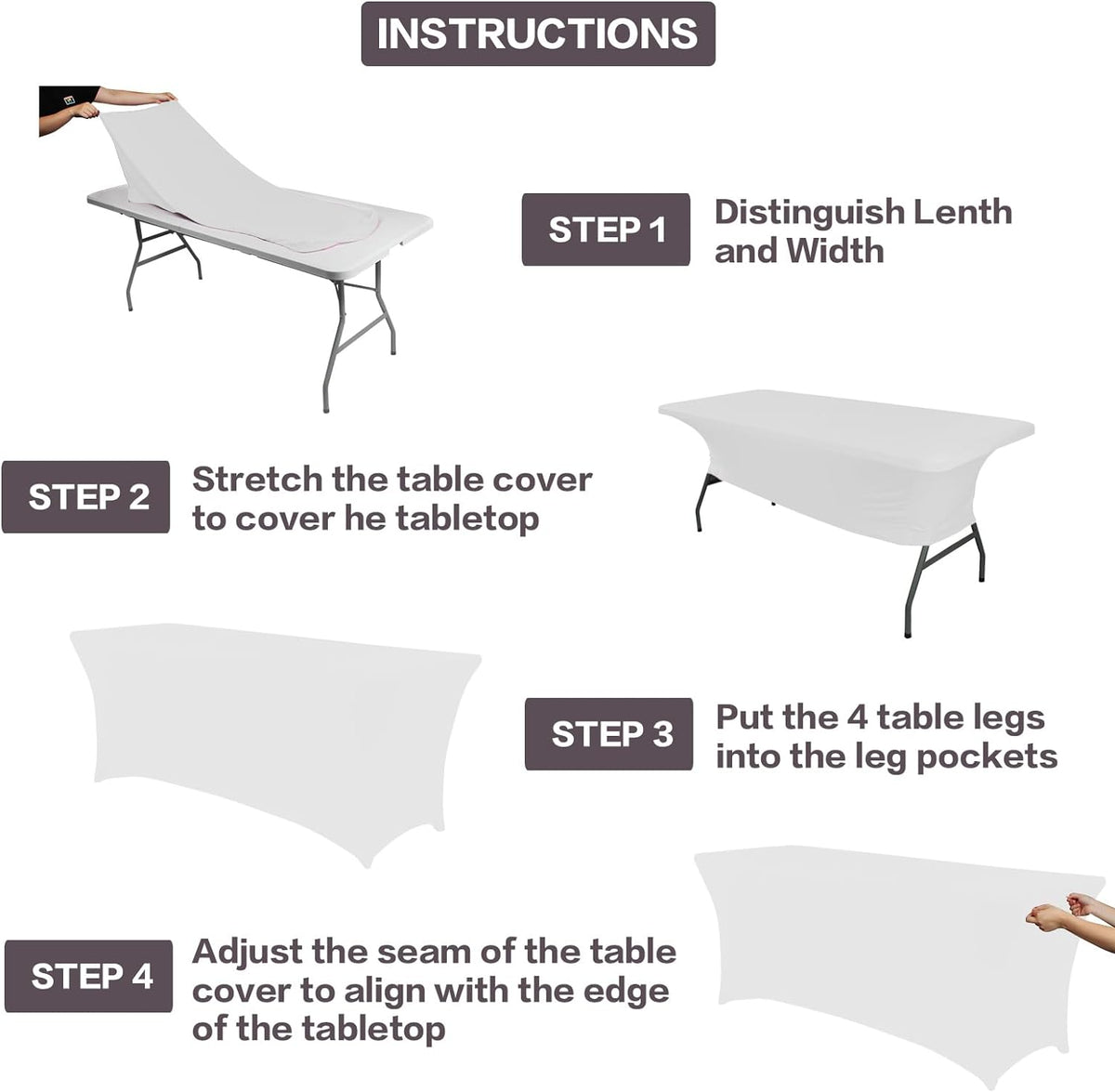 IVAPUPU 2 Pack 4FT Table Cloth for Rectangular Fitted Events Stretch White Table Covers Washable