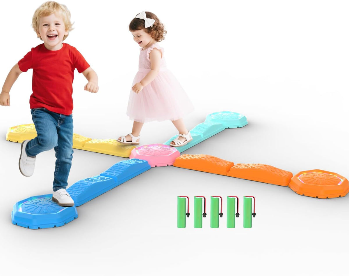 Holyton Music Light Up Balance Beam and Toddler Stepping Stones 13 Pieces, Non-Slip Plastic Balance