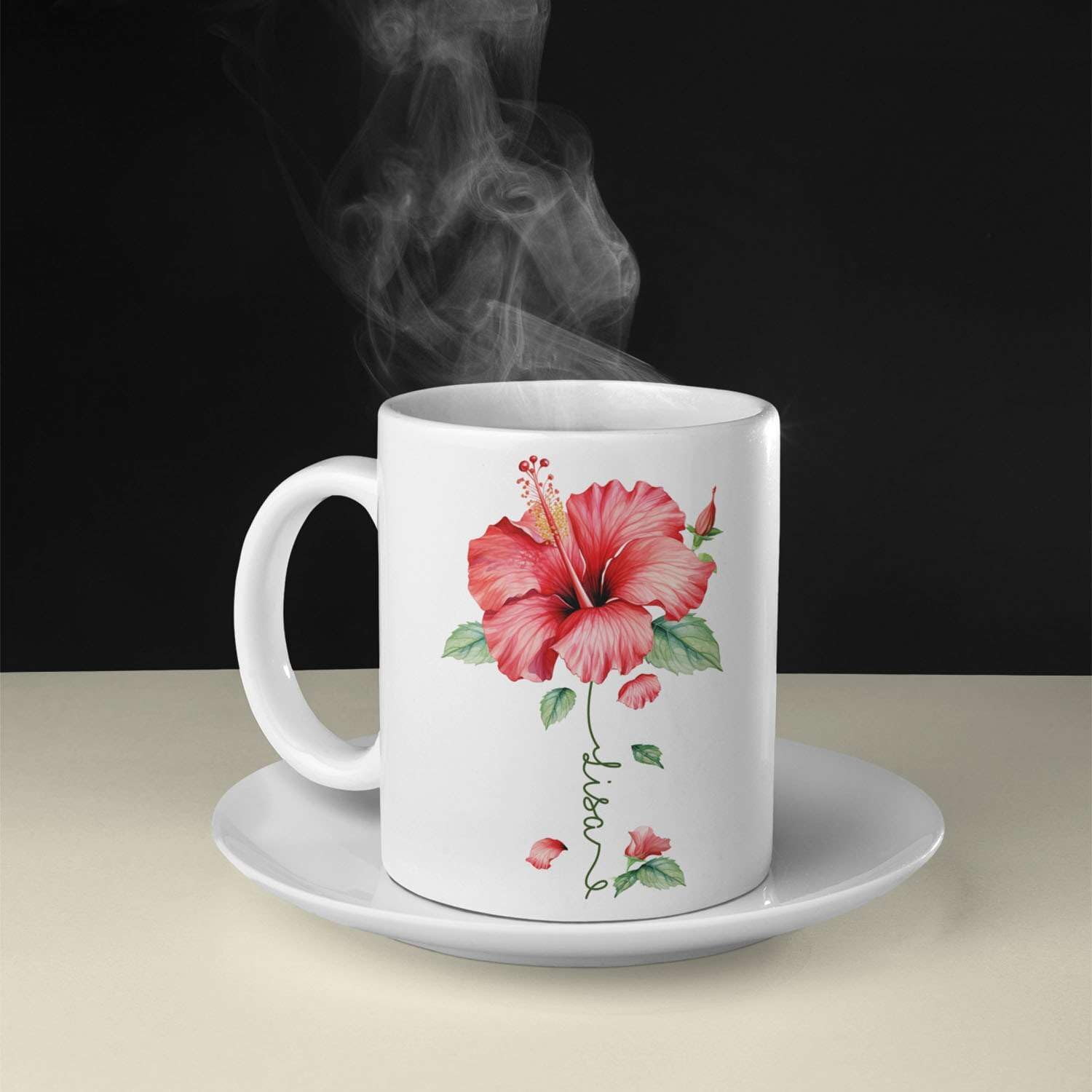 Personalized Hibiscus Blossom Design Mug, Custom Name Vibrant Flower Coffee Cup, Customized Mug For
