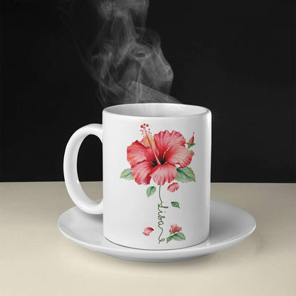 Personalized Hibiscus Blossom Design Mug, Custom Name Vibrant Flower Coffee Cup, Customized Mug For