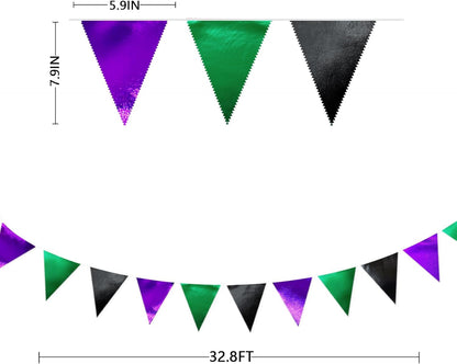 Black Purple Green Party Decorations Metallic Fabric Triangle Pennant Banner Flag Bunting for Boys