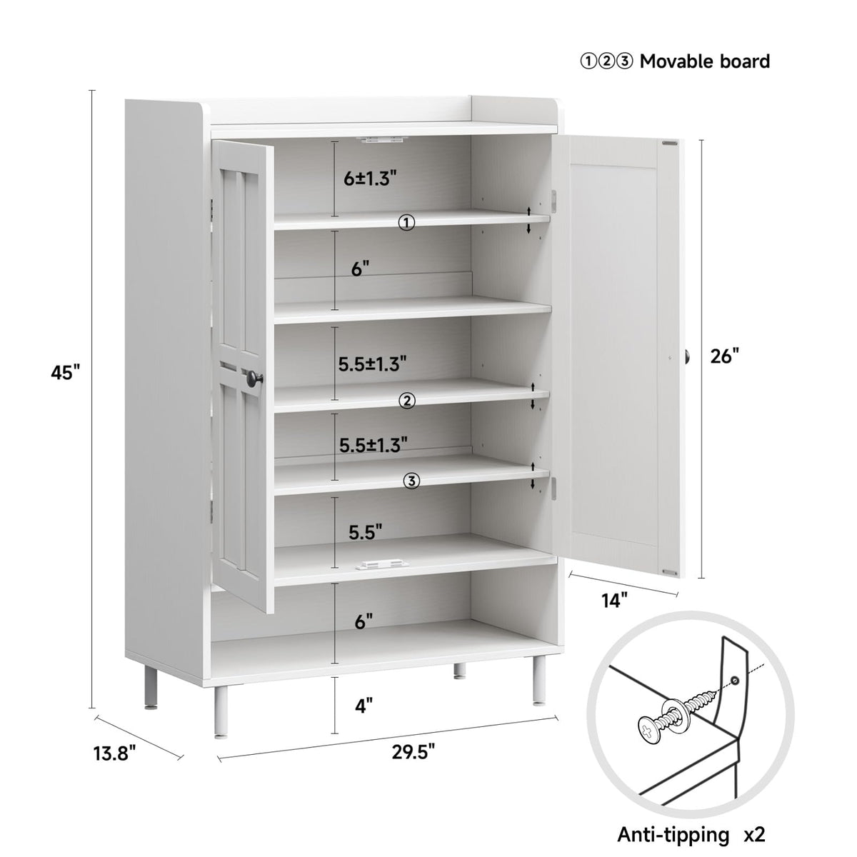 ComfyCorner Shoe Cabinet with Cross Molding Doors, 6-Tier Storage, White