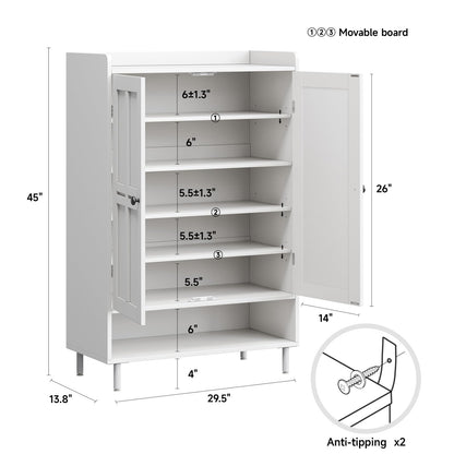 ComfyCorner Shoe Cabinet with Cross Molding Doors, 6-Tier Storage, White