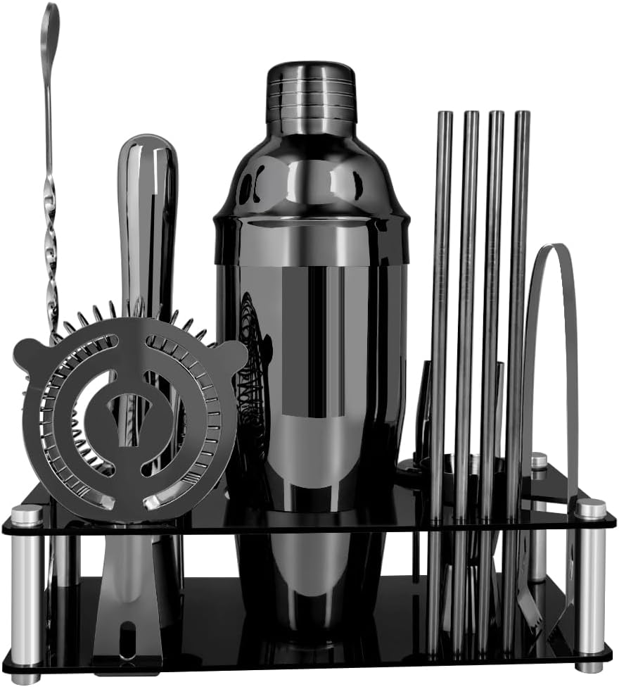 14-Piece Cocktail Shaker Set Bartender Kit with Black Stand, Bar Tool Set for Drink Mixing