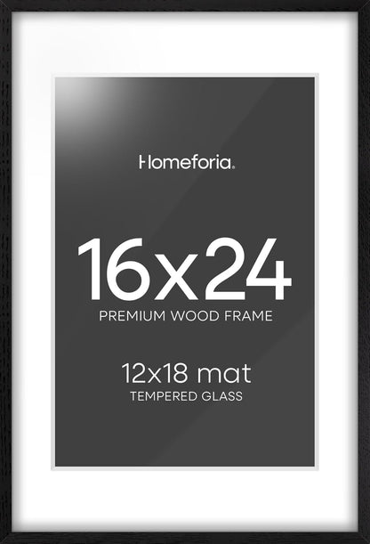 Homeforia 16x24 Black Wood Frame, High End Oak 16x24 Picture Frames with Mat 12x18 Photo, 16 x 24