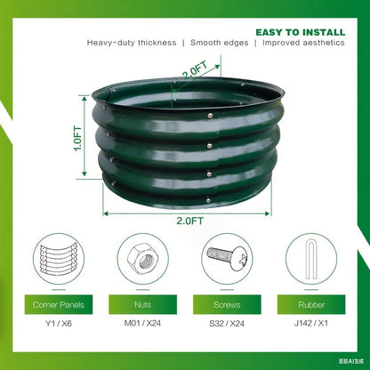 GARDMAX 2x2x1FT Galvanized Round Raised Garden Bed Kit, Metal Planter Boxes Outdoor with Easy