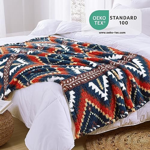 CASAAGUSTO Boho Sherpa Throw Blanket, Aztec King Size Blanket, Ultra Soft, Warm, Cozy, Plush, Thick