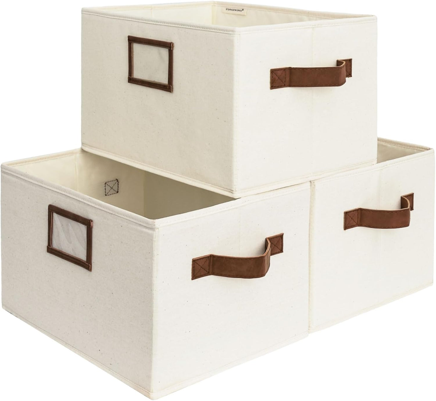 StorageWorks Storage Baskets for Shelves, Foldable Fabric Closet Storage Bins with PU Handles