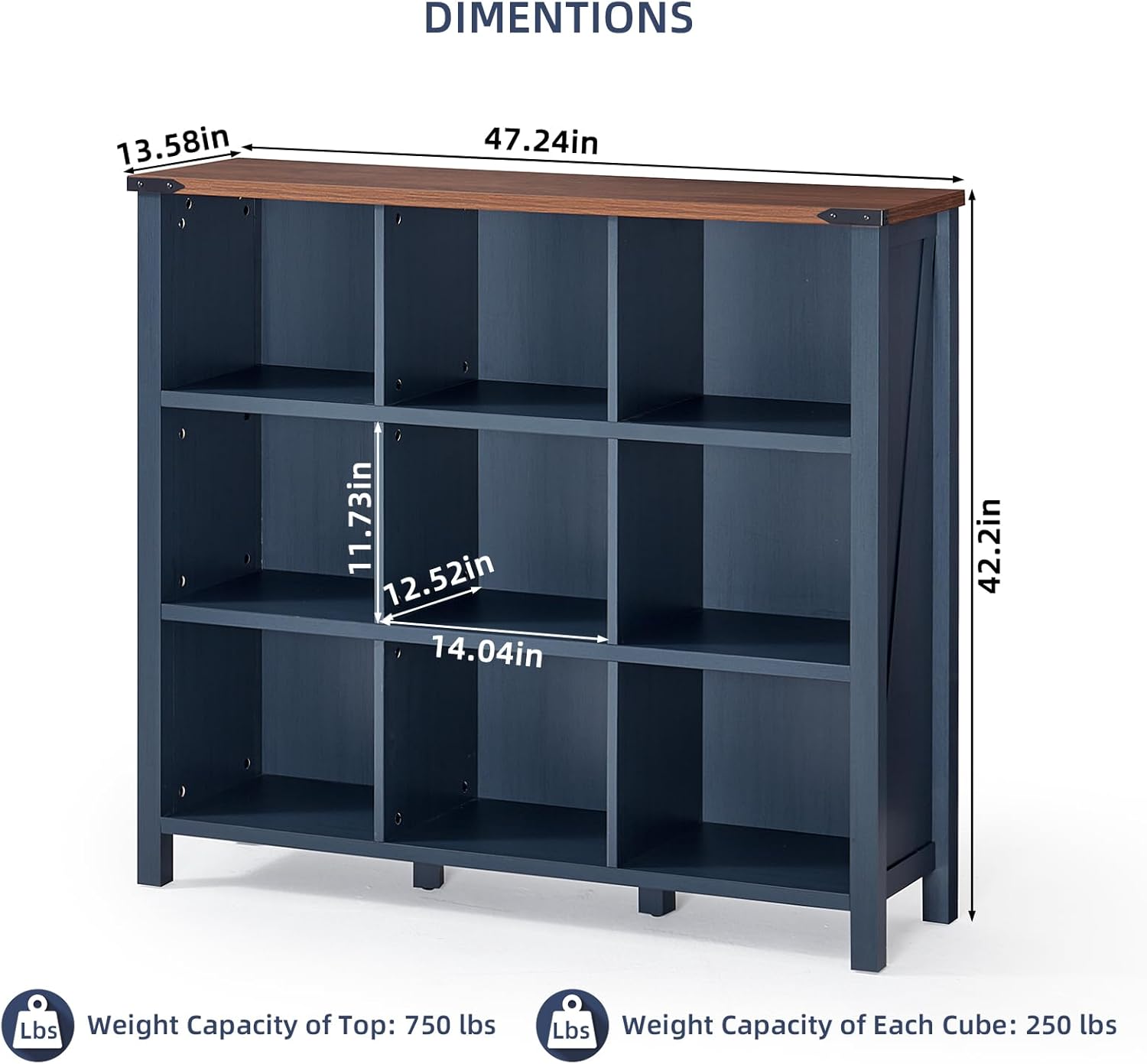 9 Cube Bookcase, Farmhouse 47 Inch Wide Navy Blue Bookshelf, Wooden 3 Tier Display Large Open Book