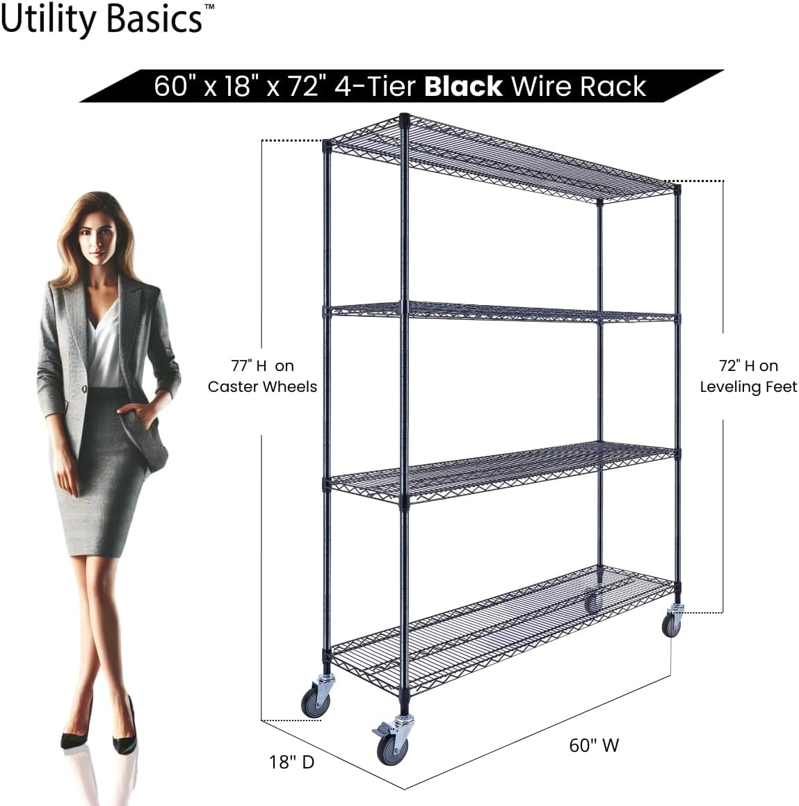 60"x18"x72" Black Premium Metal Steel Wire Shelving 4-Tier NSF 3200 LBS MAX Capacity Heavy Duty