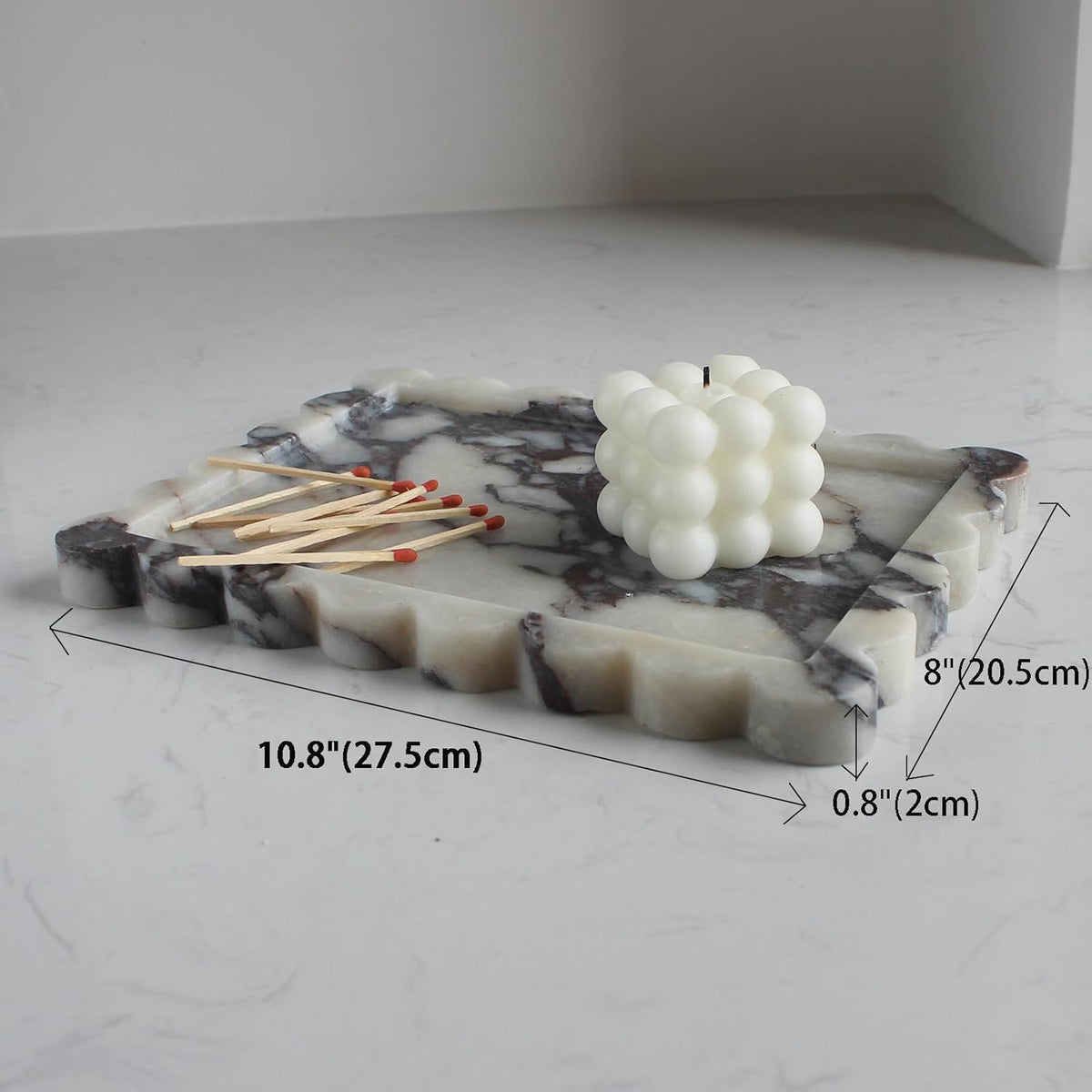 Natural Luxury Scalloped Marble Tray 10.8"x8", Rectangle Vanity Tray for Bathroom Kitchen Counter