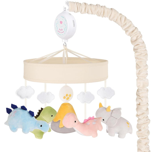 Dinosaur Crib Mobile – Beige Dino Baby Crib Mobile with 3-Mode Music Box, Nursery Mobile with