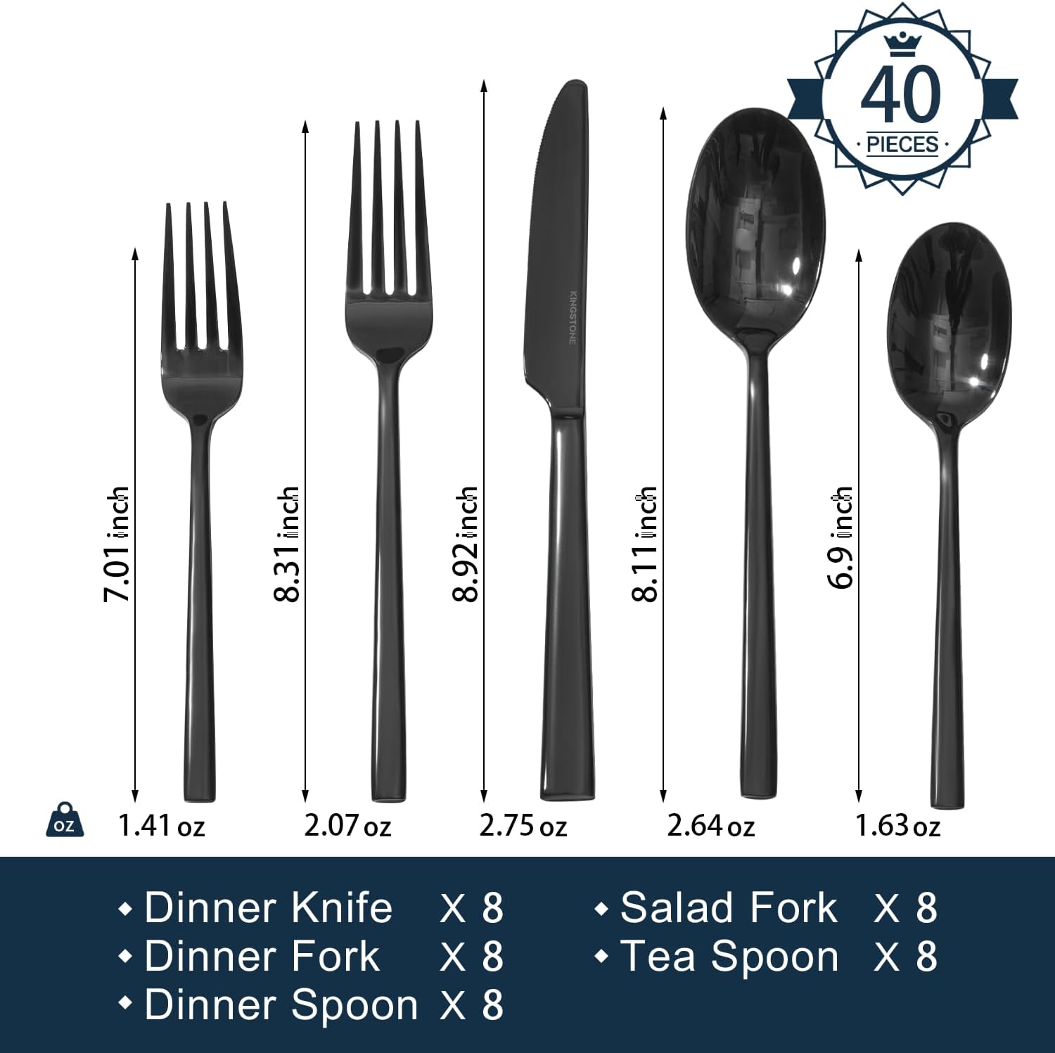 KINGSTONE Black Silverware Set, 40-Piece Forged Flatware Set Cutlery Set Premium Stainless Steel