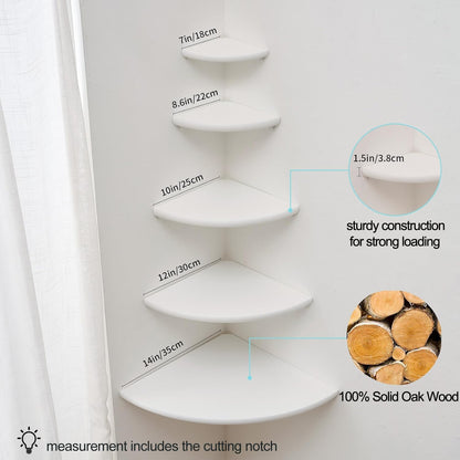 Corner Shelf, White Solid Oak Wood Floating Corner Shelves Wall Mount Round End Floating Speaker
