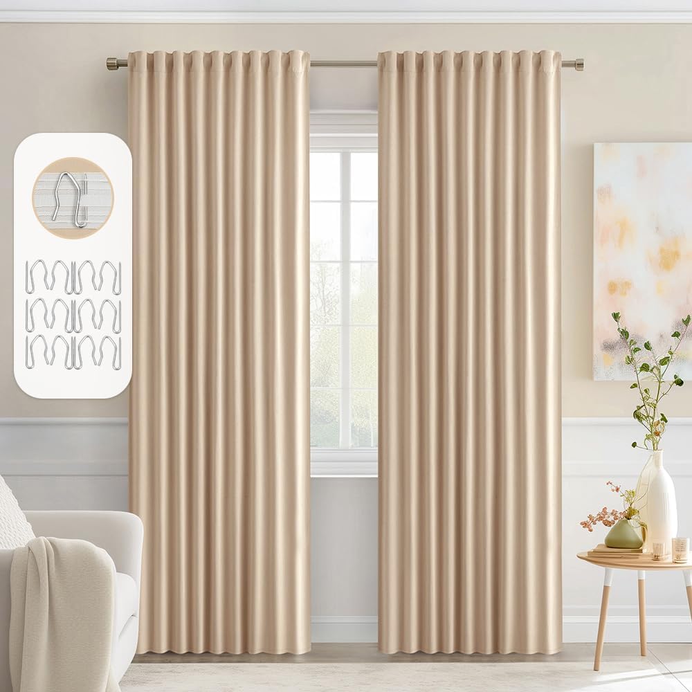 MIULEE Back Tab Beige Curtains 90 Inch Long 2 Panels Set for Living Room Bedroom Privacy, Cream Rod