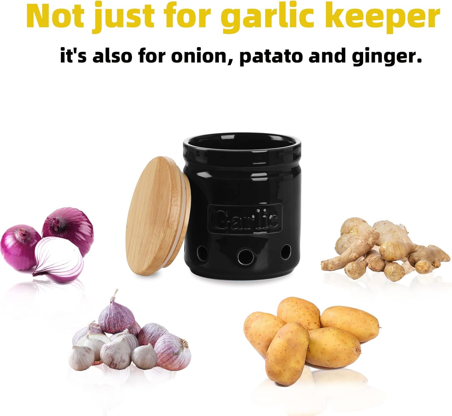 ONTUBE Large Garlic Keeper with Wooden Lid, Ceramic Garlic Holder Storage, Garlic Container for