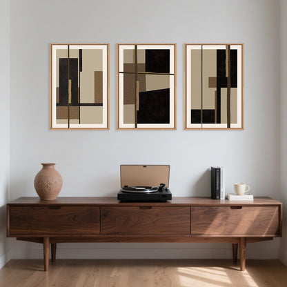 Abstract Shapes Framed Canvas Wall Art Set, Mid-Century Black Polygon Wall Decor, Black Brown