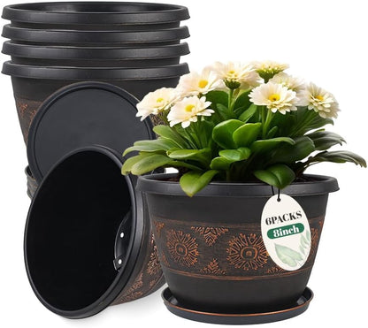 6 Pack 8 inch Plant Pots, Retro Pattern Planters with Drainage Holes and Saucer, Sturdy Plastic