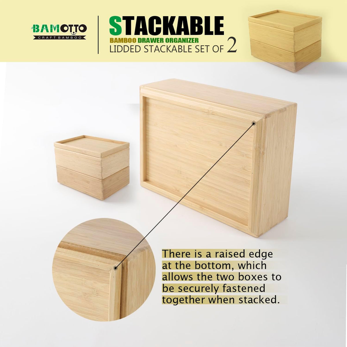 Stackable Bamboo Drawer Organizer Set – 2 Boxes with 1 Lid | Wood-Laminated Trays for Kitchen