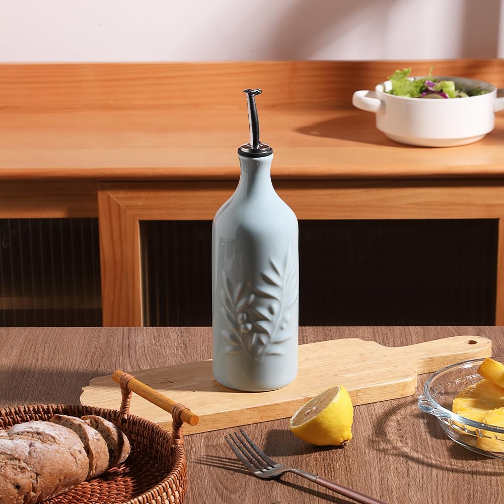 Sweejar Ceramic Olive Oil Dispenser Bottle, 20 Oz Relief Opaque Oil Cruet Protects Oil To Reduce