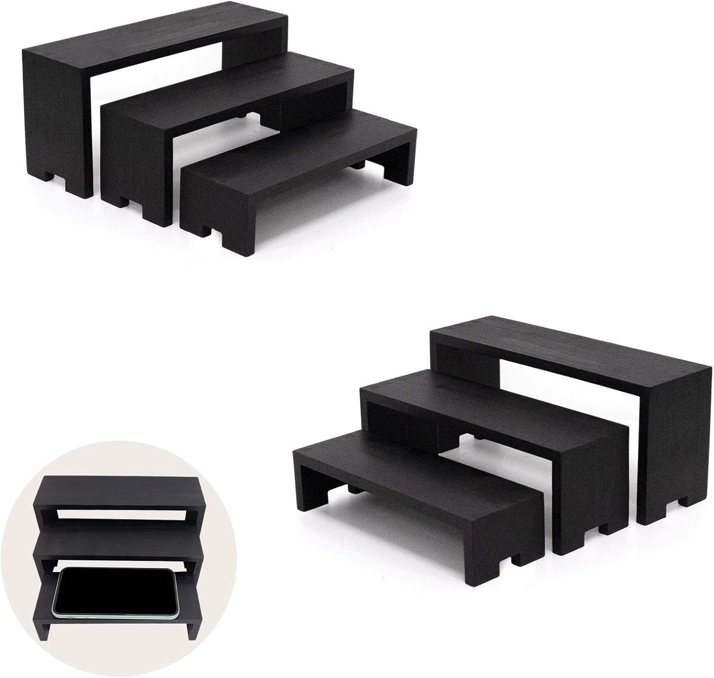 Display Wood Risers Wooden Stand 3 Tier Black Wood Racks Decorative Rectangular, 2 Set 6 Piece