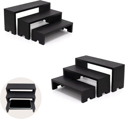 Display Wood Risers Wooden Stand 3 Tier Black Wood Racks Decorative Rectangular, 2 Set 6 Piece
