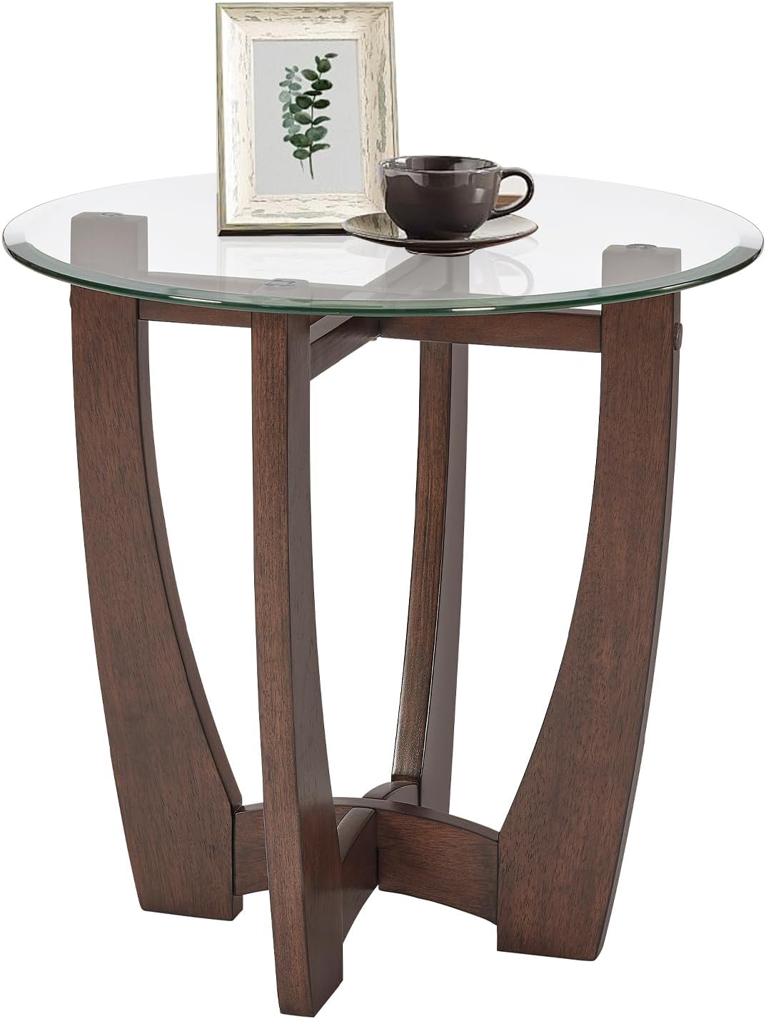 Glass End Table, 23.5" Round Side Tables with Tempered Glass Top Cross and Solid Wood Base Small