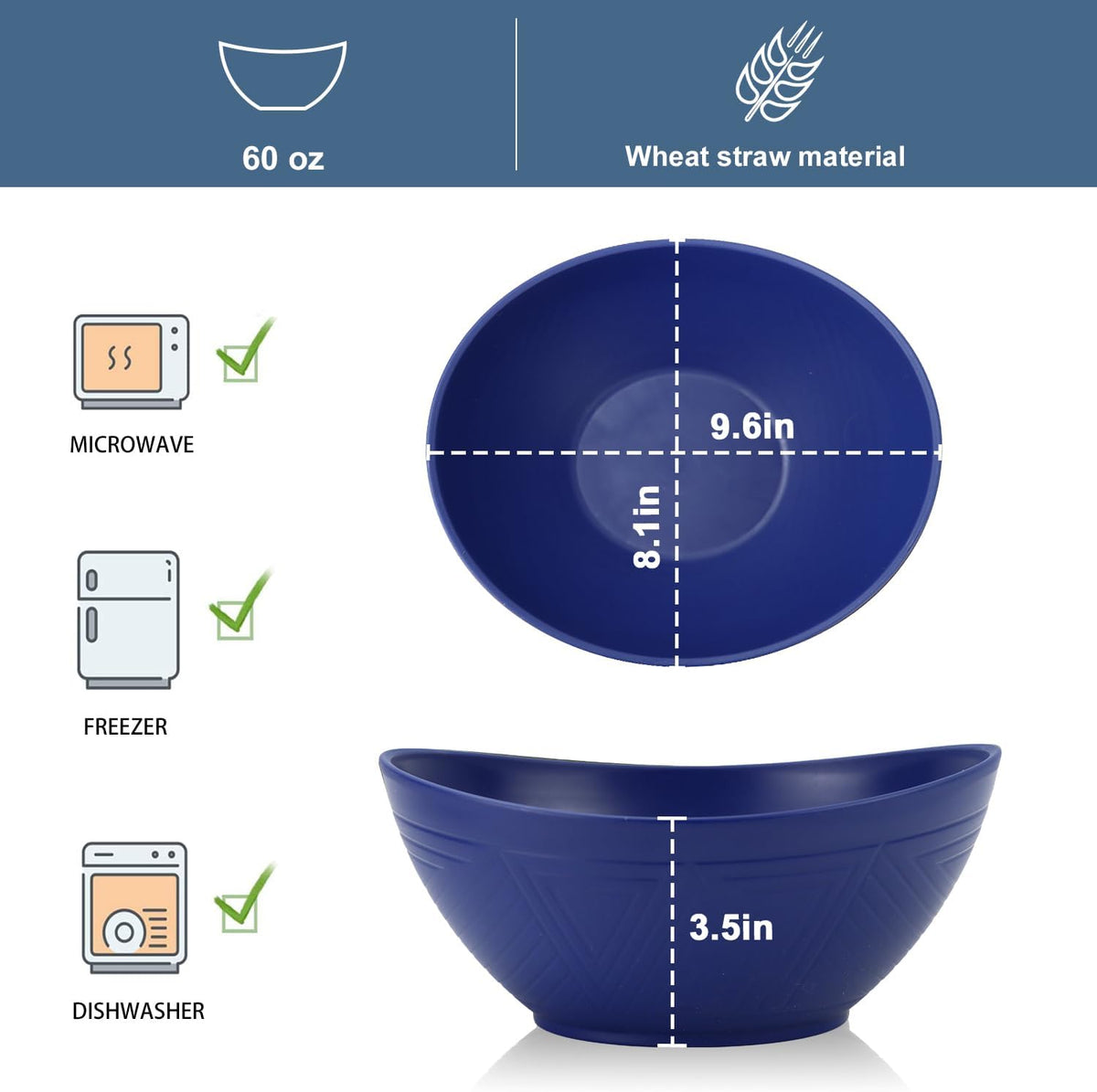 65oz Large Salad Bowls Deep Blue - Wheat Straw Serving Bowls Set of 4 - Unbreakable Serving Bowls