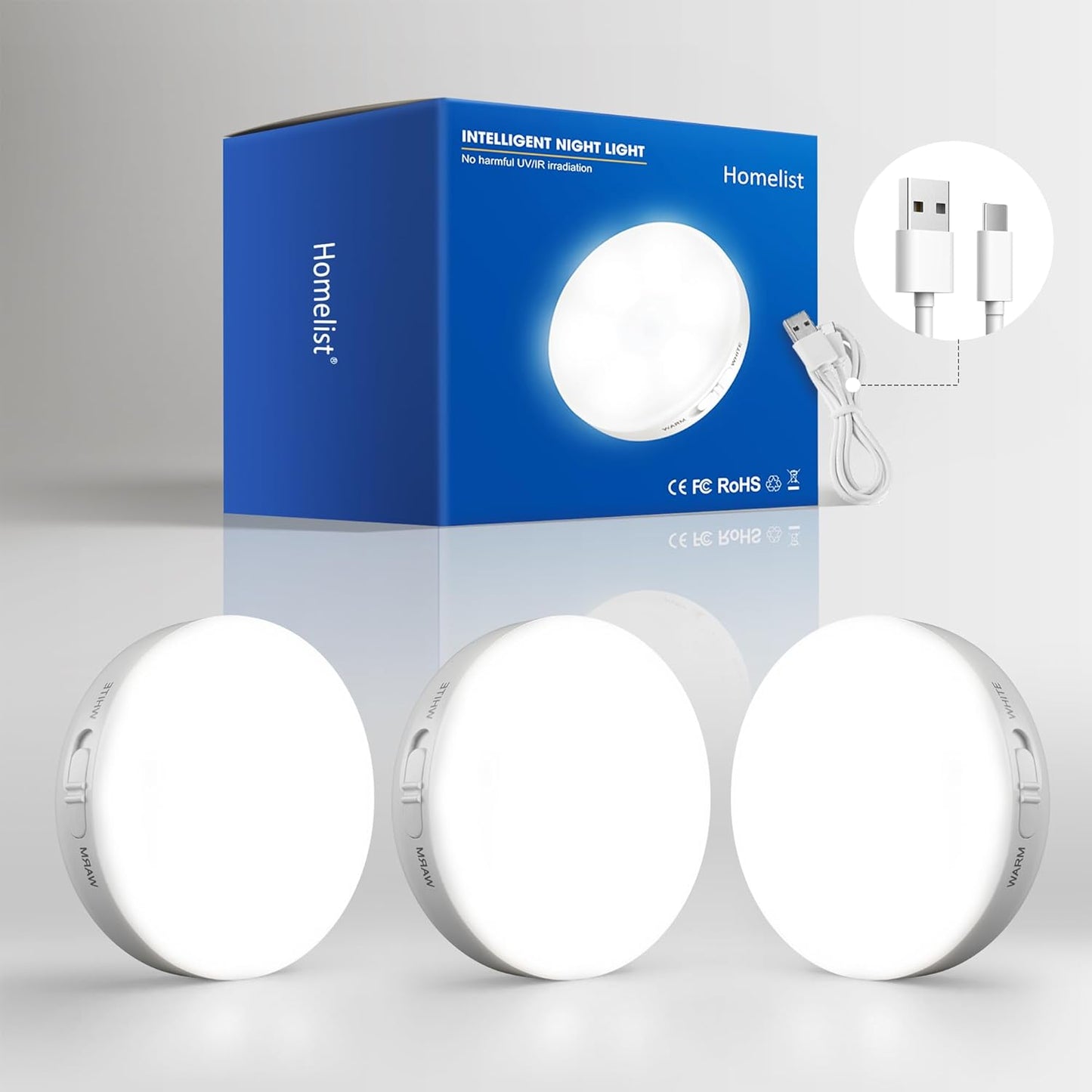 Homelist 3 Pack Motion Sensor Lights Indoor, Rechargeable Wireless LED Puck Lights, Battery