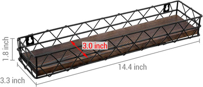 MyGift 14 Inch Wall Mounted Kitchen Spice Racks, Rustic Burnt Solid Wood and Black Metal Wire