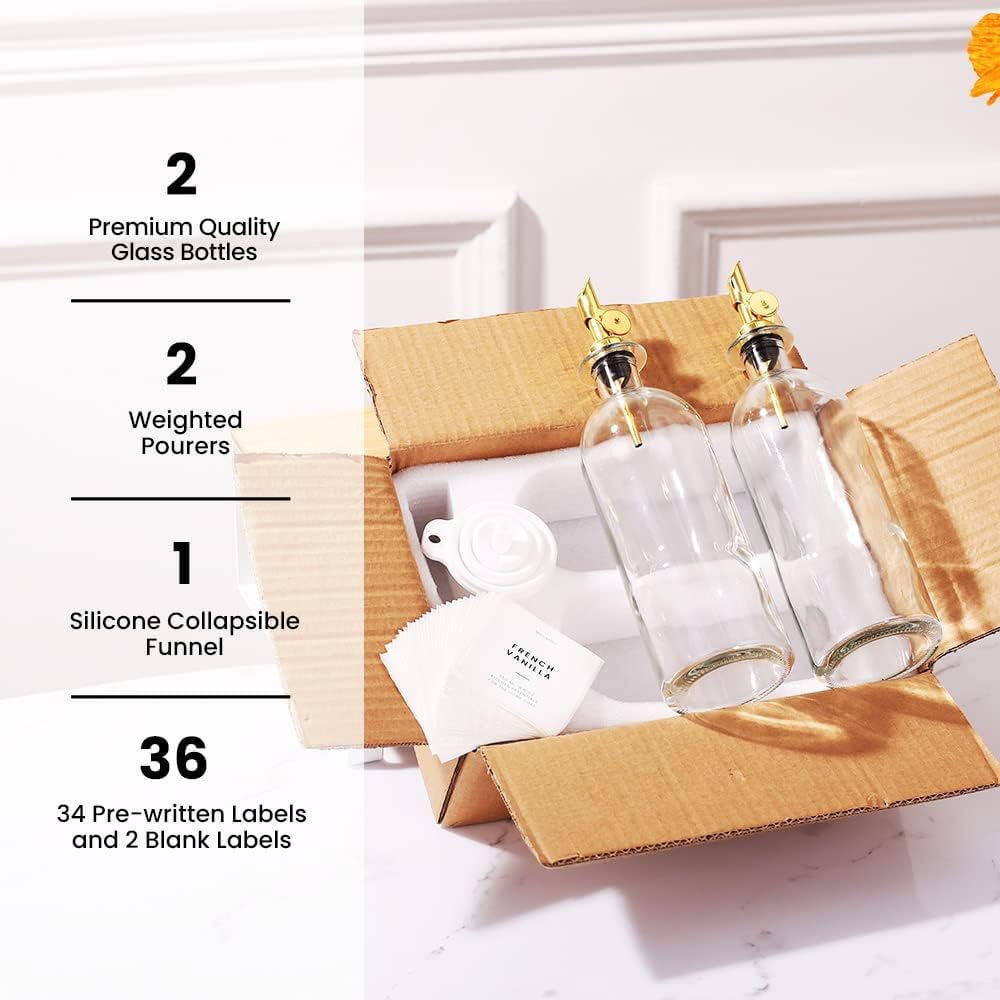 Molimoli Oil and Vinegar Dispenser with Metal Pour Spout, Weighted Pourer, Glass Bottle Dispenser